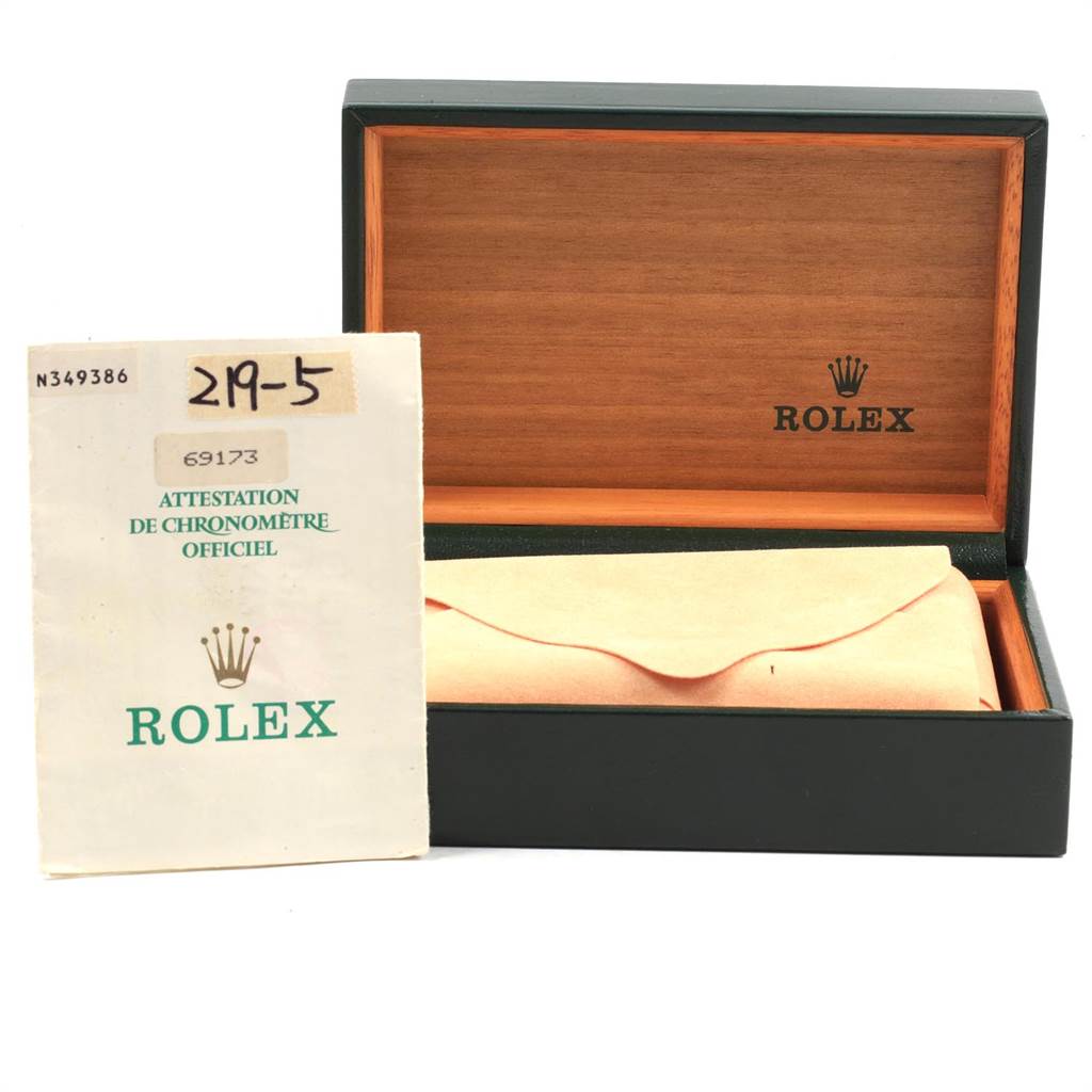 The image shows a Rolex Datejust 69173 Women
s Stainless Steel Blue Dial 69173 Women
s Stainless Steel Blue Dial packaging box and documentation, viewed from the front.