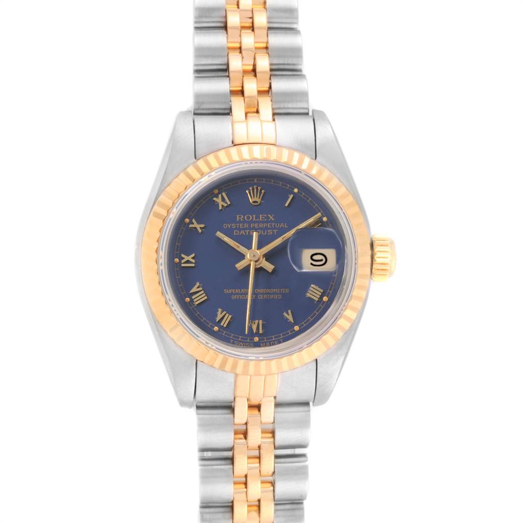 This image shows a front view of the Rolex Datejust 69173 Women
s Stainless Steel Blue Dial 69173 Women
s Stainless Steel Blue Dial watch, highlighting the blue dial, gold fluted bezel, and two-tone bracelet.