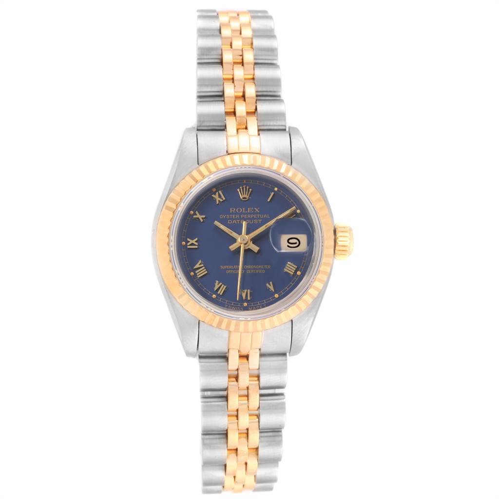The image shows a front view of a Rolex Datejust 69173 Women
s Stainless Steel Blue Dial 69173 Women
s Stainless Steel Blue Dial watch, highlighting its blue dial, Roman numerals, date window, and two-tone bracelet.