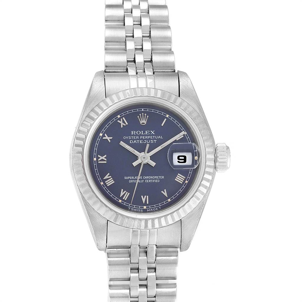 The Rolex Datejust 69174 Women
s Stainless Steel Blue Dial 69174 Women
s Stainless Steel Blue Dial watch is shown from a straight-on angle displaying the dial, fluted bezel, and bracelet.