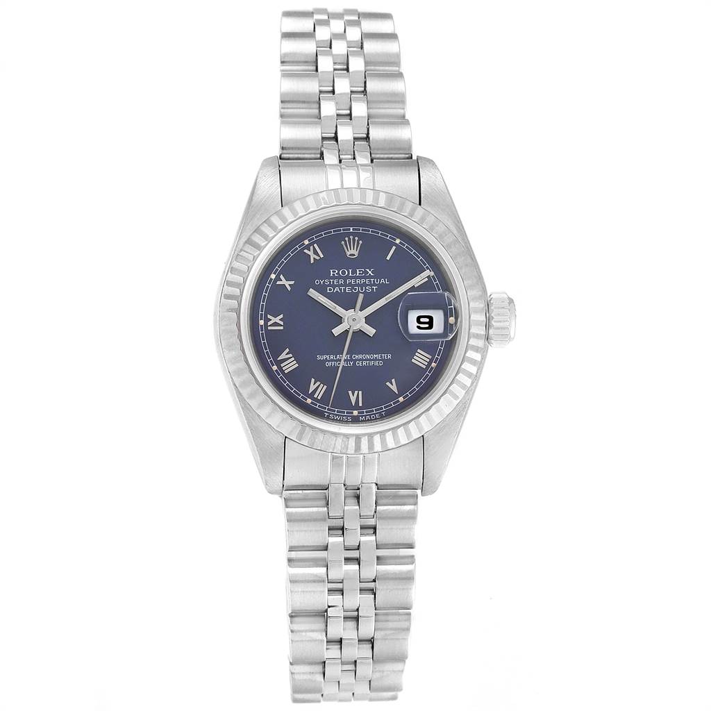 The Rolex Datejust 69174 Women
s Stainless Steel Blue Dial 69174 Women
s Stainless Steel Blue Dial watch is shown from a top-down angle, displaying the face, bezel, and bracelet.