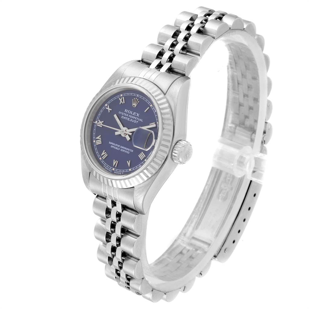 The image shows a Rolex Datejust 69174 Women
s Stainless Steel Blue Dial 69174 Women
s Stainless Steel Blue Dial watch, angled to display the face, bezel, crown, and bracelet.