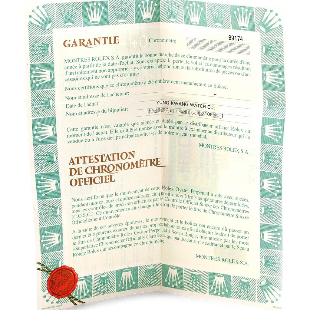 This image shows the warranty and certification documents for a Rolex Datejust 69174 Women
s Stainless Steel Blue Dial 69174 Women
s Stainless Steel Blue Dial watch.