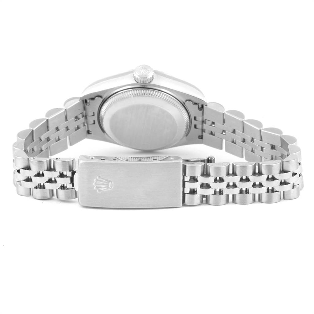 This image shows the back and clasp of a Rolex Datejust 69174 Women
s Stainless Steel Blue Dial 69174 Women
s Stainless Steel Blue Dial watch, highlighting its Jubilee bracelet.