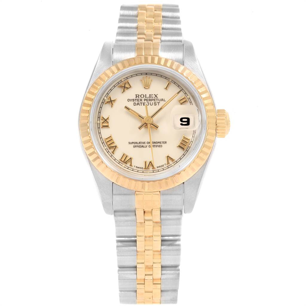 The image shows a Rolex Datejust 69173 Women
s Stainless Steel Beige Dial 69173 Women
s Stainless Steel Beige Dial watch with a two-tone bracelet, fluted bezel, and Roman numeral dial, viewed from the front.