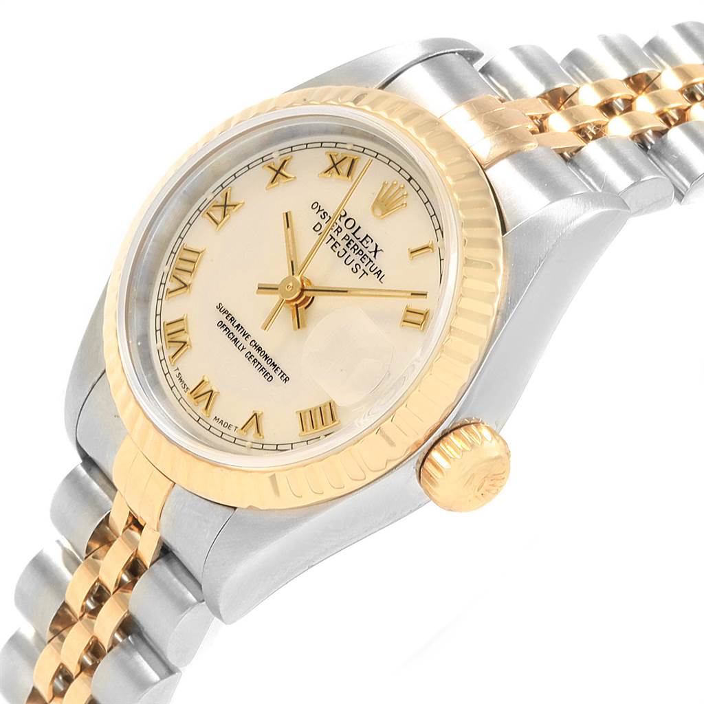 The image shows a side angle of a Rolex Datejust 69173 Women
s Stainless Steel Beige Dial 69173 Women
s Stainless Steel Beige Dial watch, focusing on the face, bezel, crown, and part of the bracelet.
