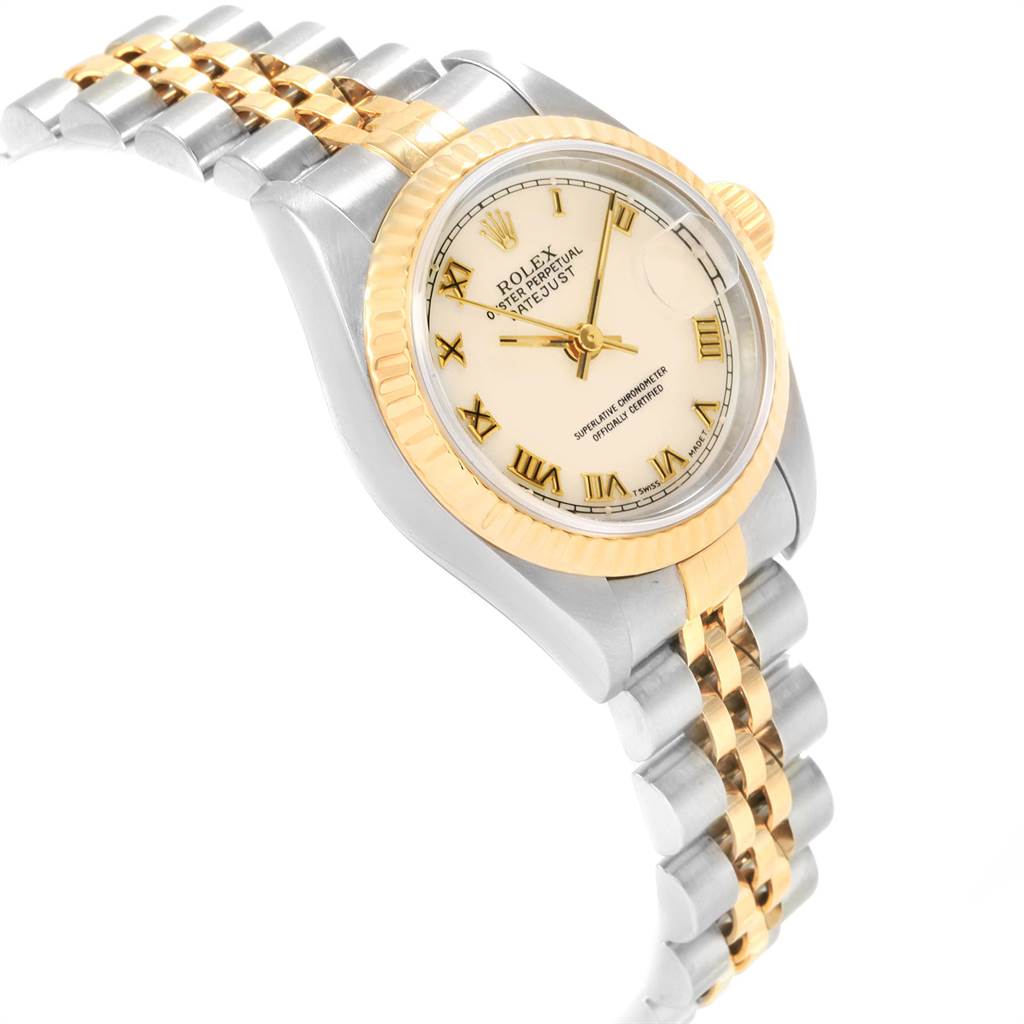 The Rolex Datejust 69173 Women
s Stainless Steel Beige Dial 69173 Women
s Stainless Steel Beige Dial is shown at a three-quarter angle highlighting the dial, bezel, crown, and part of the two-tone bracelet.