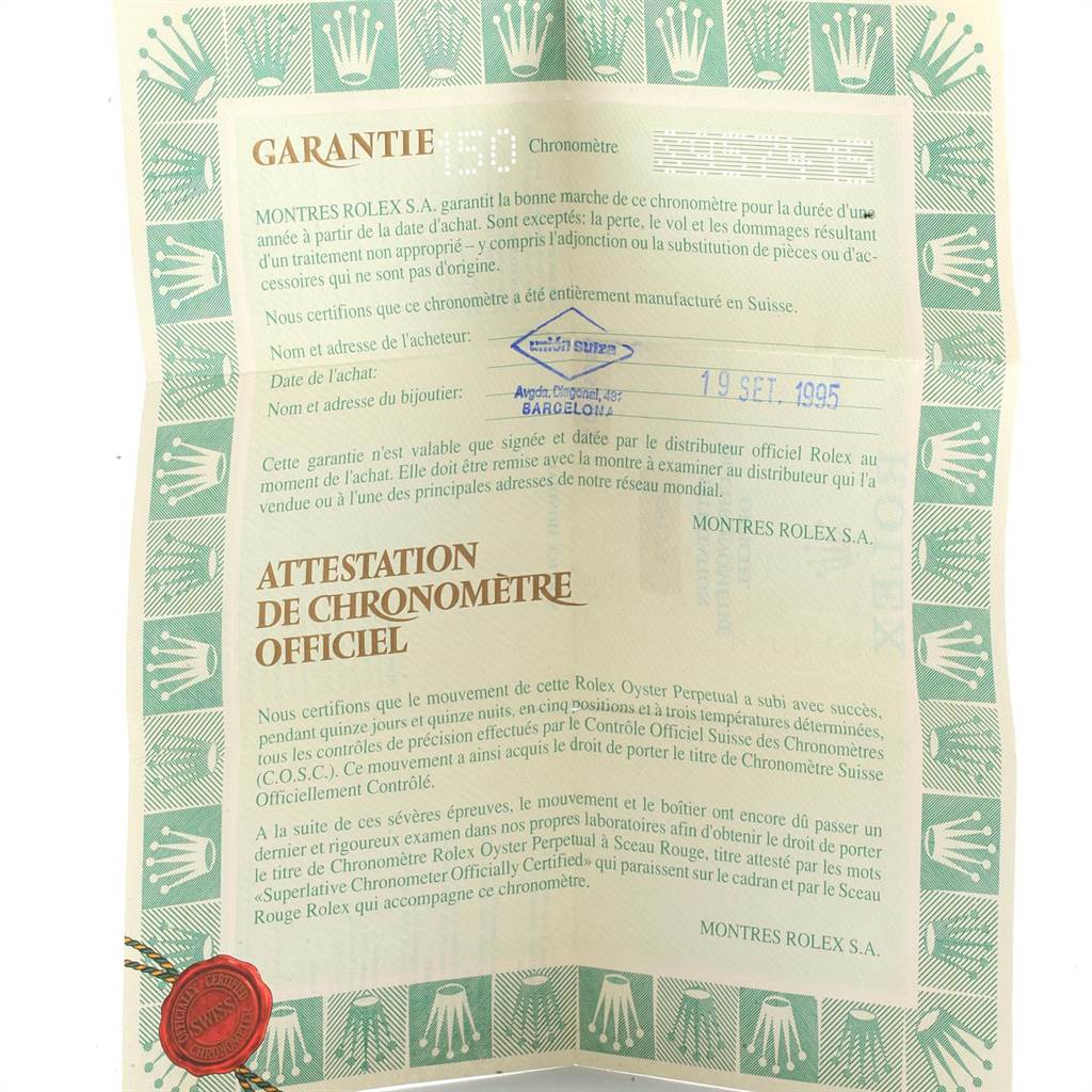 This image shows a warranty certificate for a Rolex Datejust 69173 Women
s Stainless Steel Beige Dial 69173 Women
s Stainless Steel Beige Dial watch, including the date of purchase and other official information.