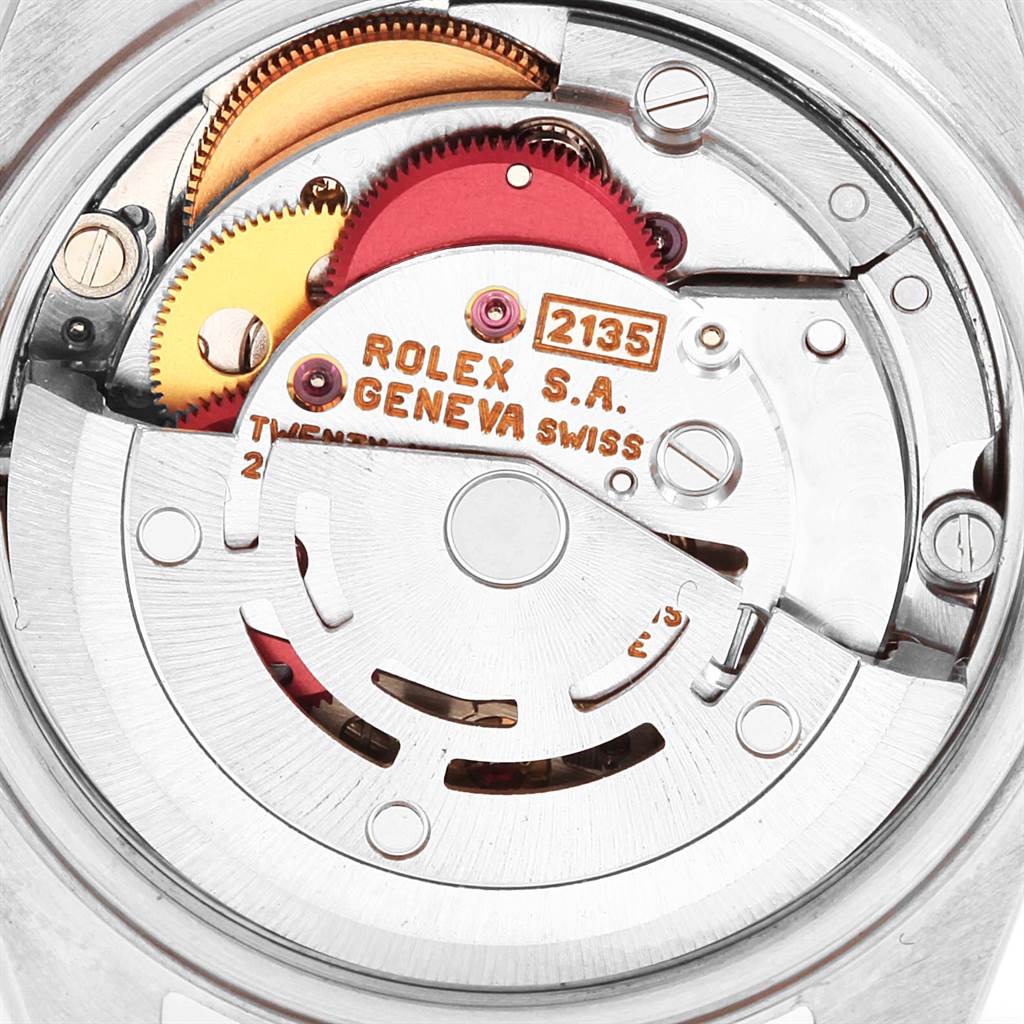 This image shows the inner mechanical components and movement of a Rolex Datejust 69163 Women
s Steel and Gold (two tone) Silver Dial 69163 Women
s Steel and Gold (two tone) Silver Dial watch, viewed from the back.