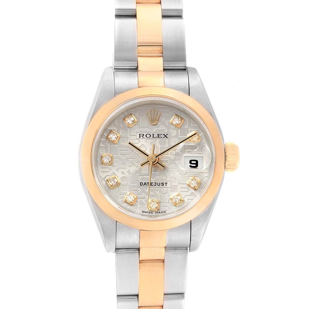 The image shows a front view of a Rolex Datejust 69163 Women
s Steel and Gold (two tone) Silver Dial 69163 Women
s Steel and Gold (two tone) Silver Dial watch, displaying its face, hands, dial, bezel, and bracelet.