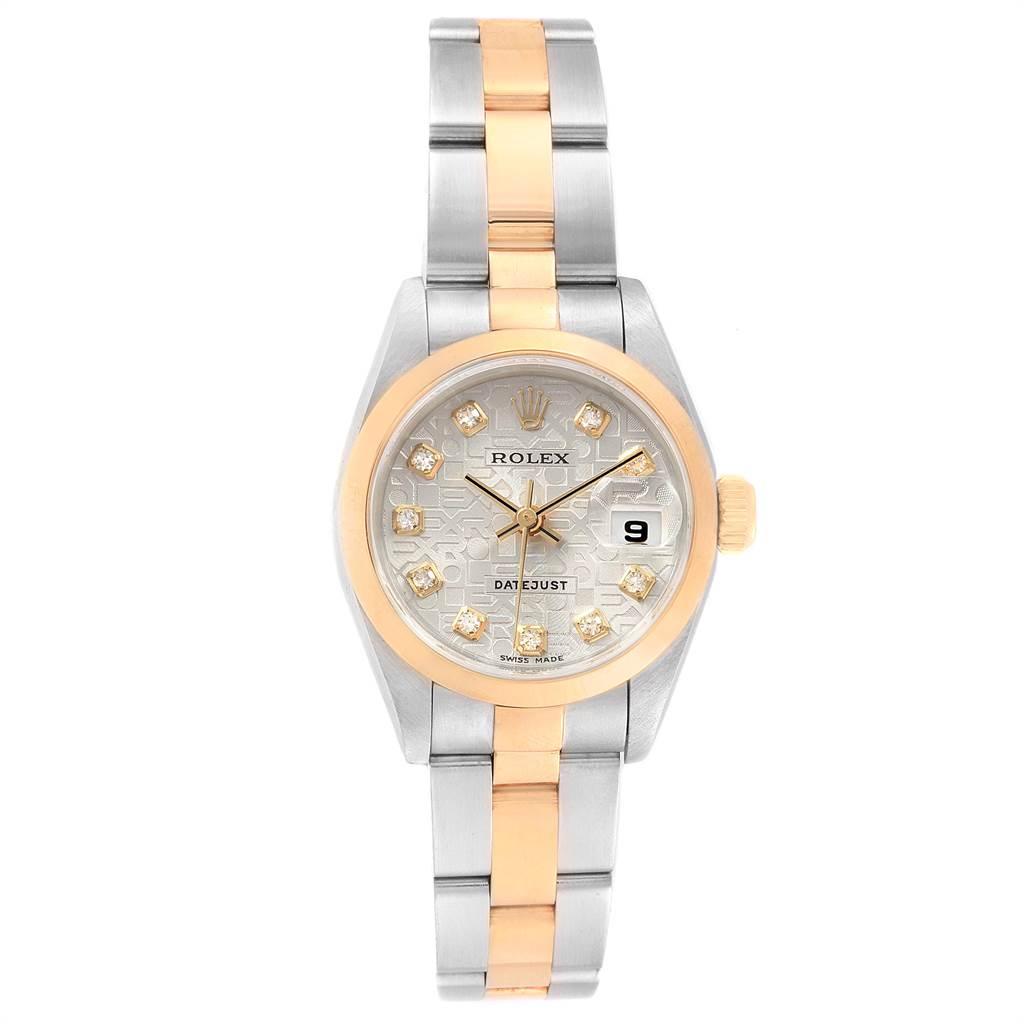 The image shows a Rolex Datejust 69163 Women
s Steel and Gold (two tone) Silver Dial 69163 Women
s Steel and Gold (two tone) Silver Dial watch from a front view, highlighting the two-tone bracelet, dial, and bezel.