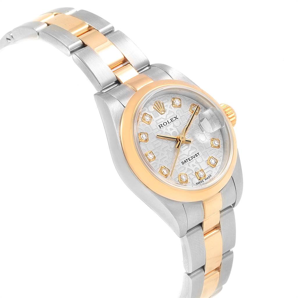 The image shows a Rolex Datejust 69163 Women
s Steel and Gold (two tone) Silver Dial 69163 Women
s Steel and Gold (two tone) Silver Dial watch at a slightly angled view, highlighting its dial, bezel, and two-tone bracelet.