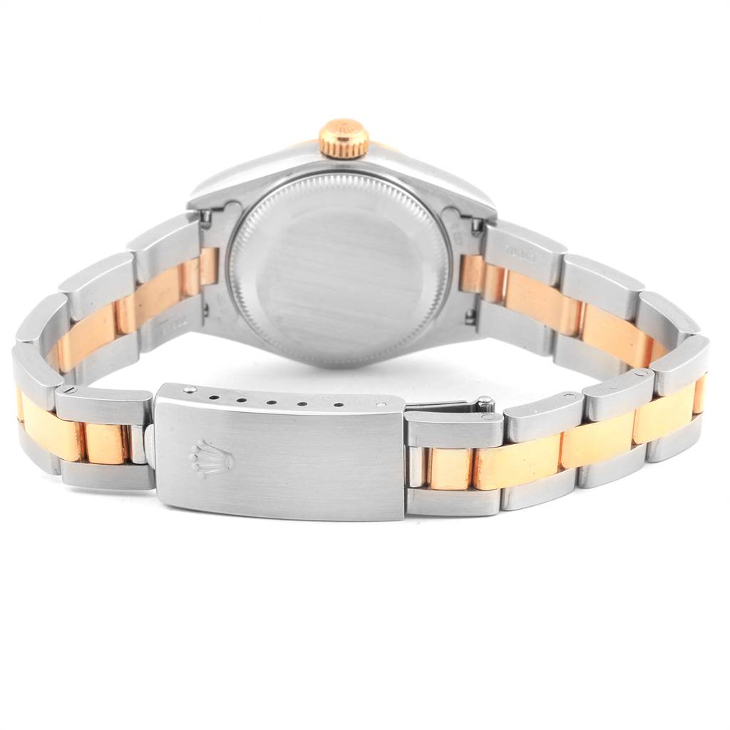 The image shows the back case and bracelet of a Rolex Datejust 69163 Women
s Steel and Gold (two tone) Silver Dial 69163 Women
s Steel and Gold (two tone) Silver Dial watch, highlighting its two-tone metal design.