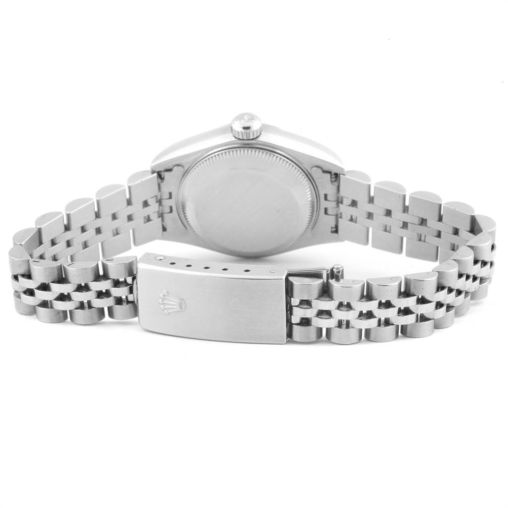 This image shows the back view of a Rolex Datejust 79174 Women
s Stainless Steel Silver Dial 79174 Women
s Stainless Steel Silver Dial watch, highlighting the case back and bracelet clasp.