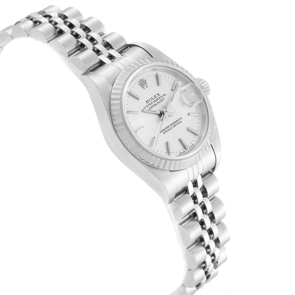 This image shows a Rolex Datejust 79174 Women
s Stainless Steel Silver Dial 79174 Women
s Stainless Steel Silver Dial watch at a slight angle, highlighting its face, bezel, crown, and bracelet.