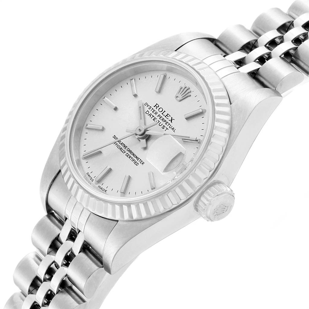 The image shows a side angle view of a Rolex Datejust 79174 Women
s Stainless Steel Silver Dial 79174 Women
s Stainless Steel Silver Dial watch, highlighting the dial, bezel, crown, and part of the bracelet.