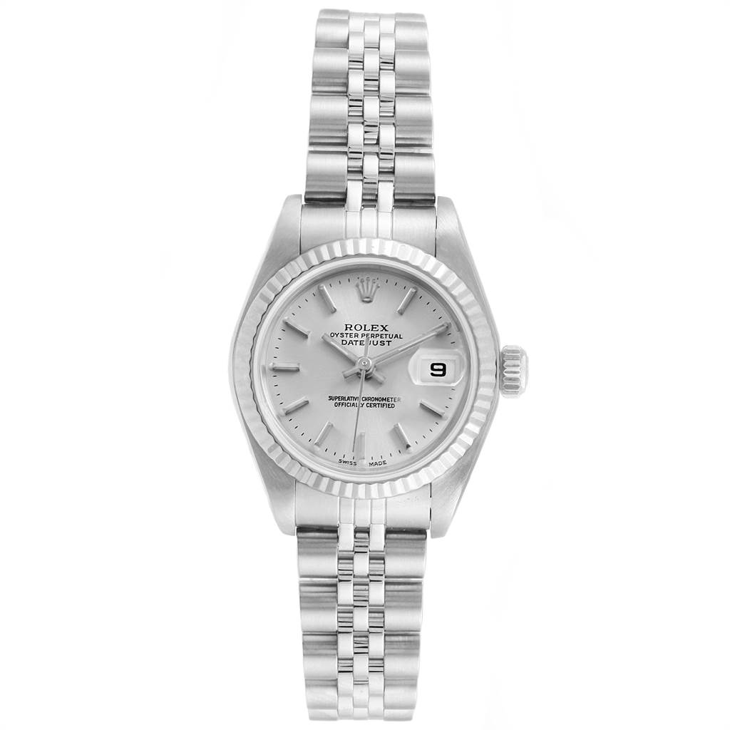 This image shows a front view of a Rolex Datejust 79174 Women
s Stainless Steel Silver Dial 79174 Women
s Stainless Steel Silver Dial watch, highlighting its face, bezel, case, and bracelet.