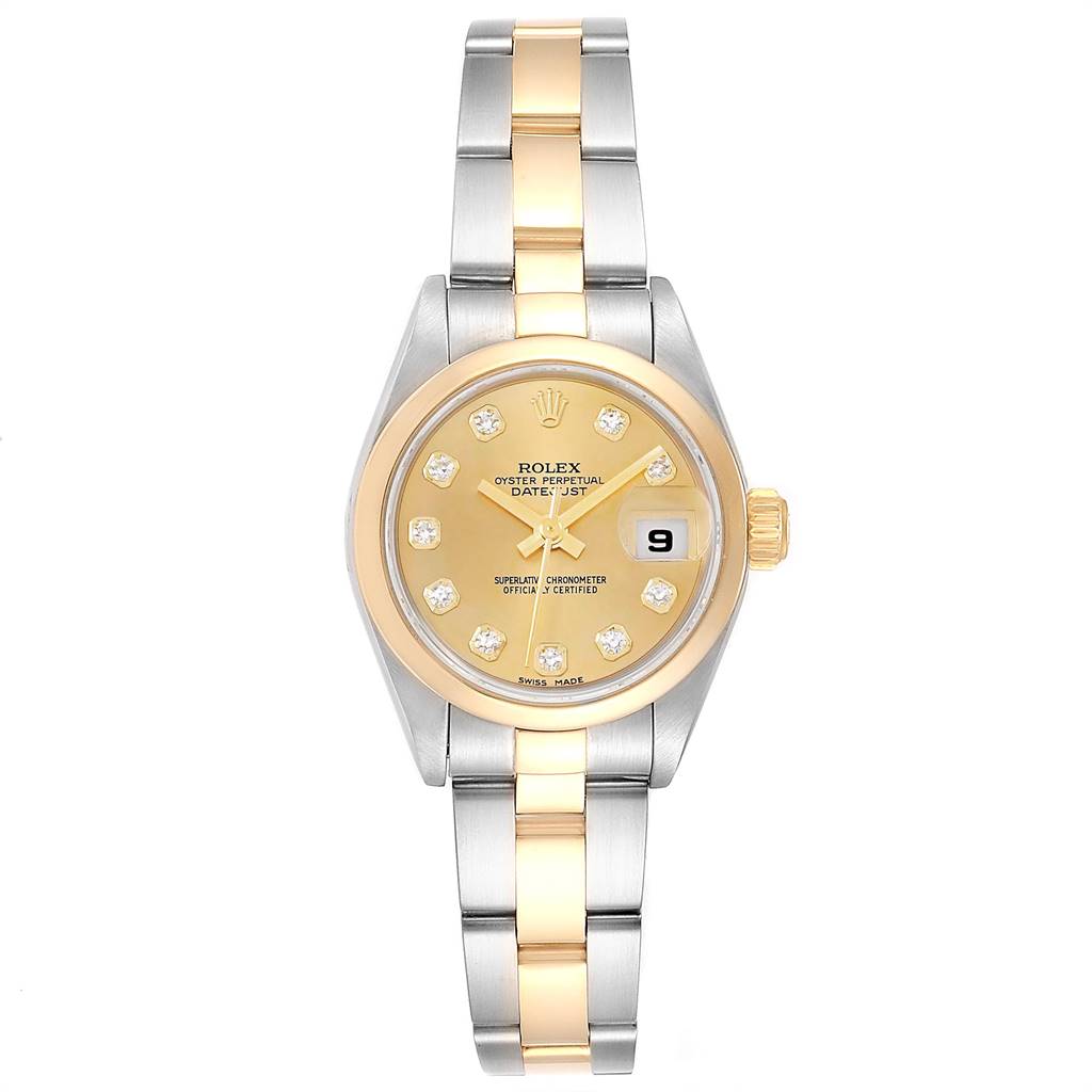 This is a front view of a Rolex Datejust 79163 Women's Steel and Gold (two tone) Champagne Dial 79163 Women's Steel and Gold (two tone) Champagne Dial watch, showcasing its dial, bracelet, and date window.