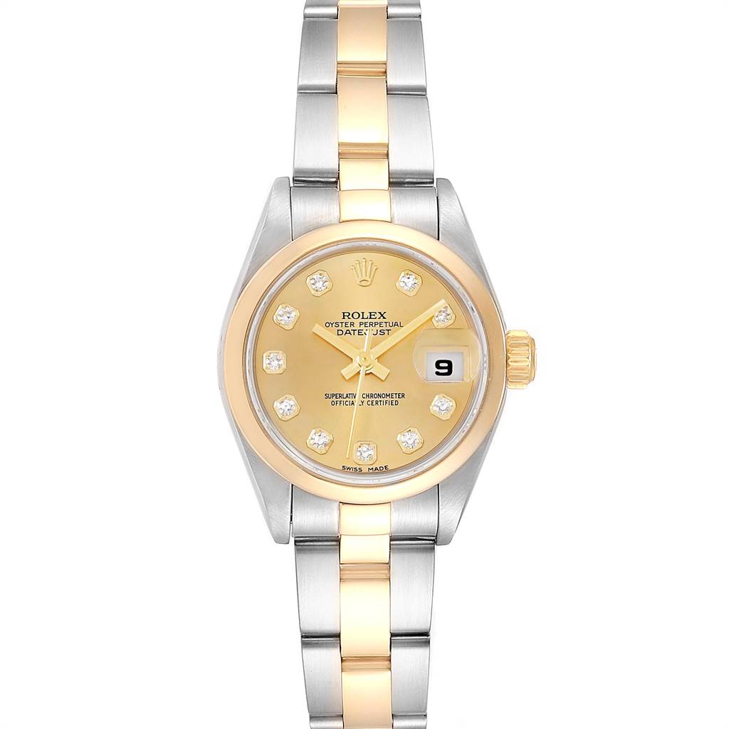 This is a front view of a Rolex Datejust 79163 Women's Steel and Gold (two tone) Champagne Dial 79163 Women's Steel and Gold (two tone) Champagne Dial watch, showing the dial, date window, bezel, and two-tone bracelet.