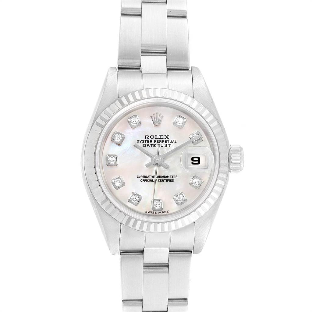 The image shows a full frontal view of a Rolex Datejust Women
s Stainless Steel Mother of Pearl Dial Women
s Stainless Steel Mother of Pearl Dial watch, displaying the face, bezel, and bracelet.
