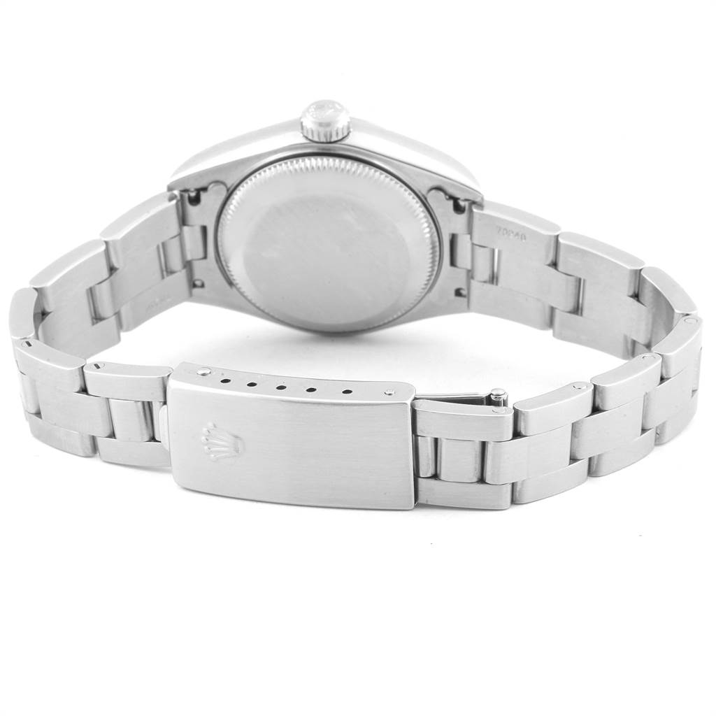 The image shows the back case and bracelet of the Rolex Datejust Women
s Stainless Steel Mother of Pearl Dial Women
s Stainless Steel Mother of Pearl Dial watch from a rear angle.