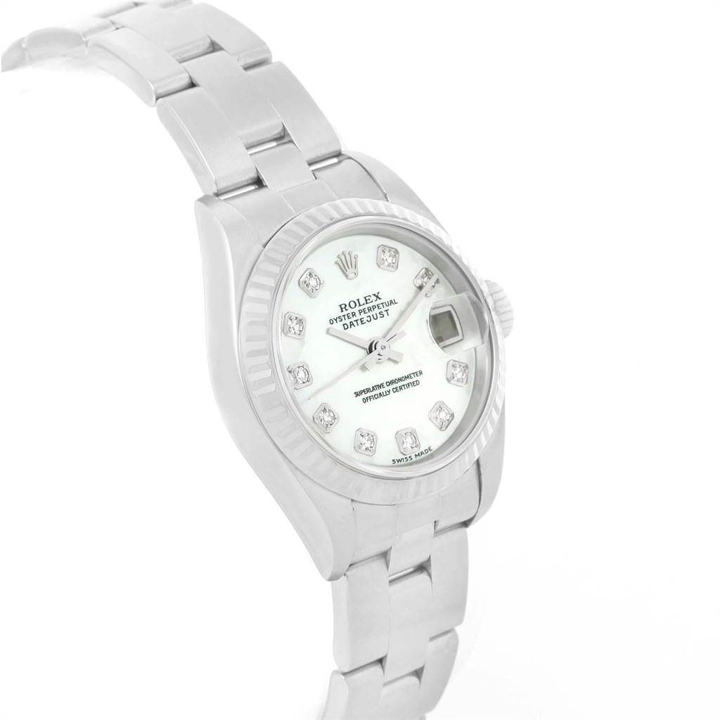 The image shows a side view of a Rolex Datejust Women
s Stainless Steel Mother of Pearl Dial Women
s Stainless Steel Mother of Pearl Dial watch, highlighting its bracelet, case, bezel, and dial with date display.