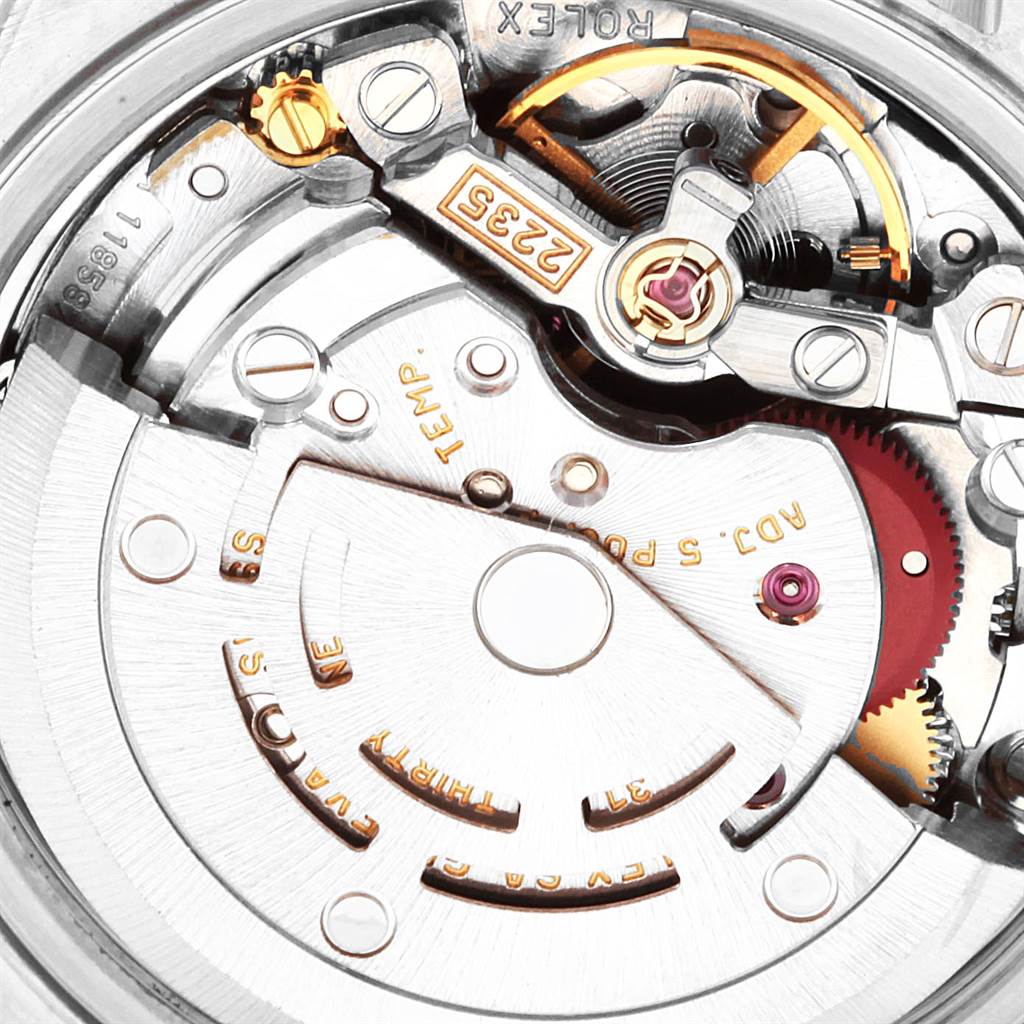 This image shows a close-up of the internal mechanism of a Rolex Datejust Women
s Stainless Steel Mother of Pearl Dial Women
s Stainless Steel Mother of Pearl Dial watch.