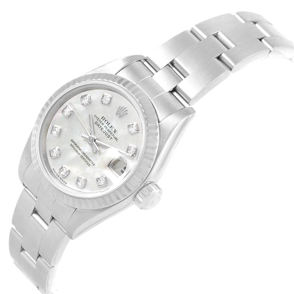 This image shows a Rolex Datejust Women
s Stainless Steel Mother of Pearl Dial Women
s Stainless Steel Mother of Pearl Dial watch from a tilted angle, highlighting the face, bracelet, bezel, and crown.