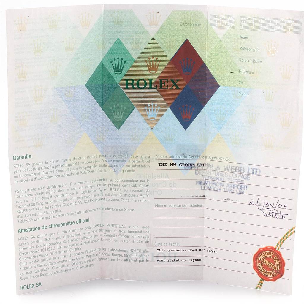 The image shows a warranty certificate for a Rolex Datejust Women
s Stainless Steel Mother of Pearl Dial Women
s Stainless Steel Mother of Pearl Dial watch, displaying the Rolex logo and text confirming Best Quality
ity and warranty terms.