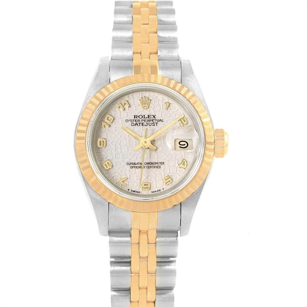 The image shows a Rolex Datejust 69173 Women's Stainless Steel Beige Dial 69173 Women's Stainless Steel Beige Dial watch from a front angle, displaying the dial, bezel, crown, and bracelet.