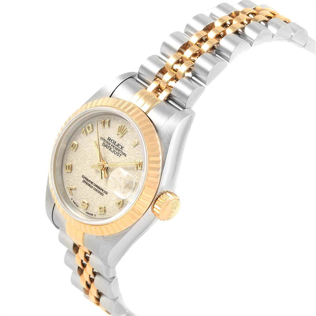 The image shows a Rolex Datejust 69173 Women's Stainless Steel Beige Dial 69173 Women's Stainless Steel Beige Dial watch at a three-quarter angle, highlighting the watch face, bezel, crown, and bracelet.