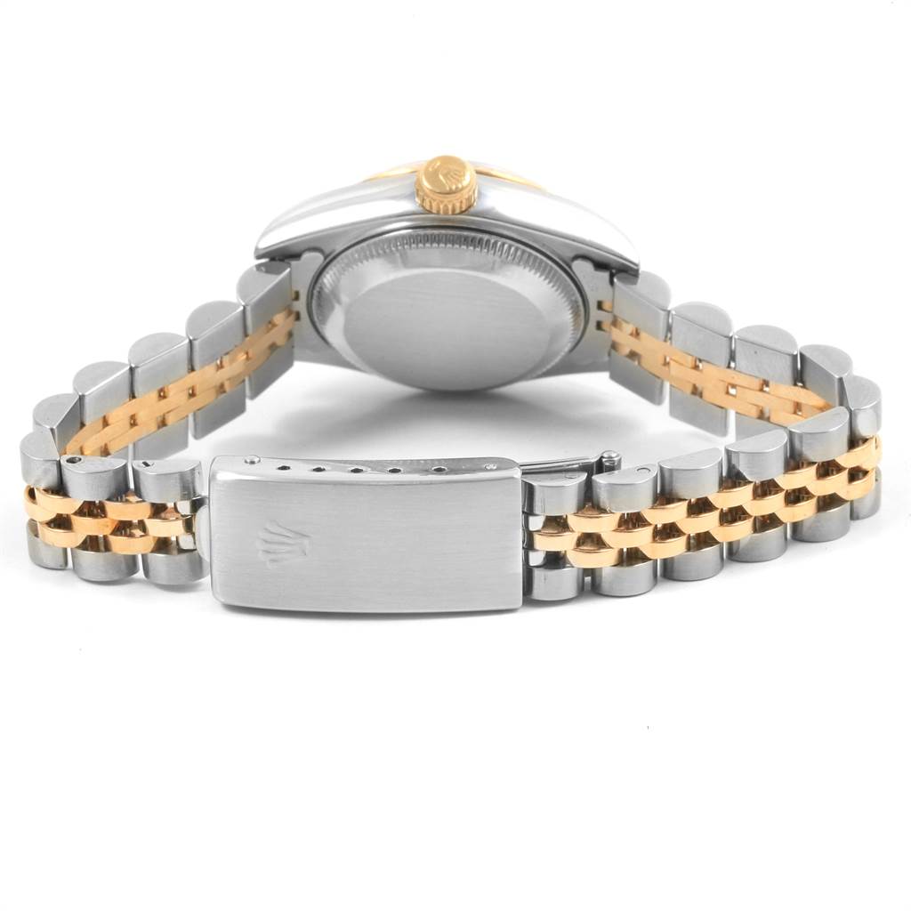 The image shows the back and clasp of a Rolex Datejust 69173 Women's Stainless Steel Beige Dial 69173 Women's Stainless Steel Beige Dial watch with a two-tone metal bracelet.