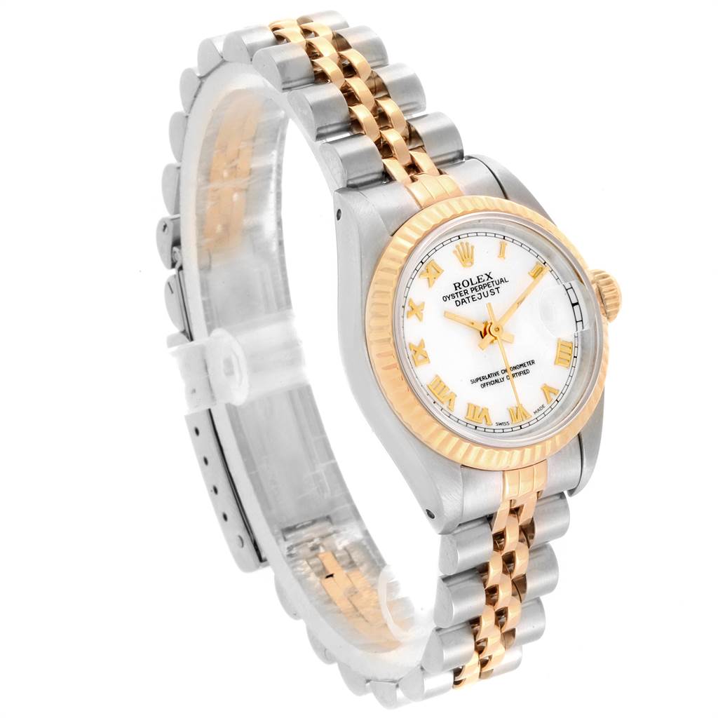 The image shows a Rolex Datejust 69173 Women's Stainless Steel White Dial 69173 Women's Stainless Steel White Dial watch at a three-quarter angle, highlighting its two-tone bracelet, case, and fluted bezel.