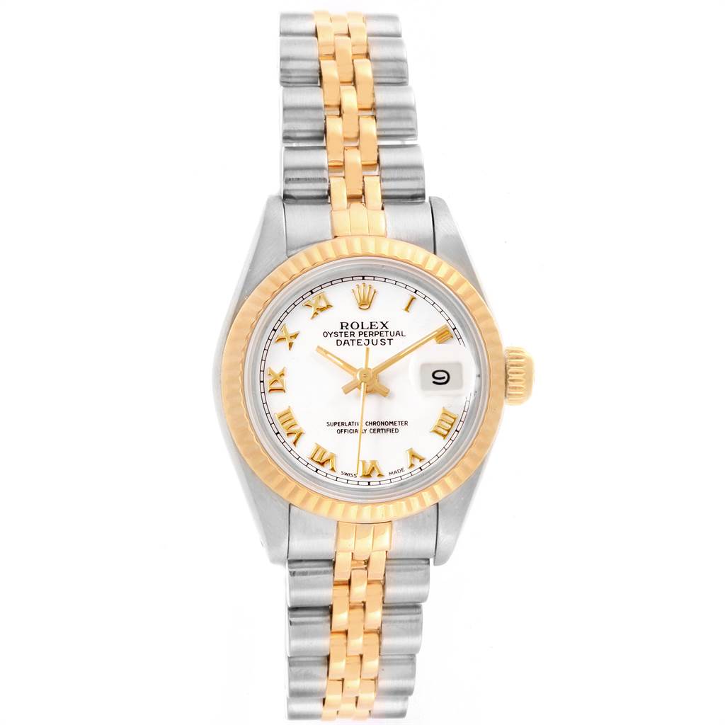 This image shows a front view of the Rolex Datejust 69173 Women's Stainless Steel White Dial 69173 Women's Stainless Steel White Dial watch, including its face, bezel, and two-tone bracelet.