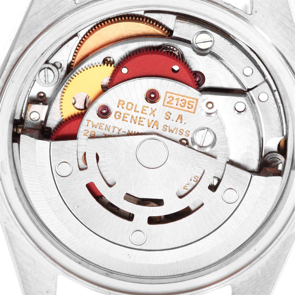 The image shows a close-up of the inner workings and mechanism of the Rolex Datejust 69173 Women's Stainless Steel White Dial 69173 Women's Stainless Steel White Dial watch from the back.