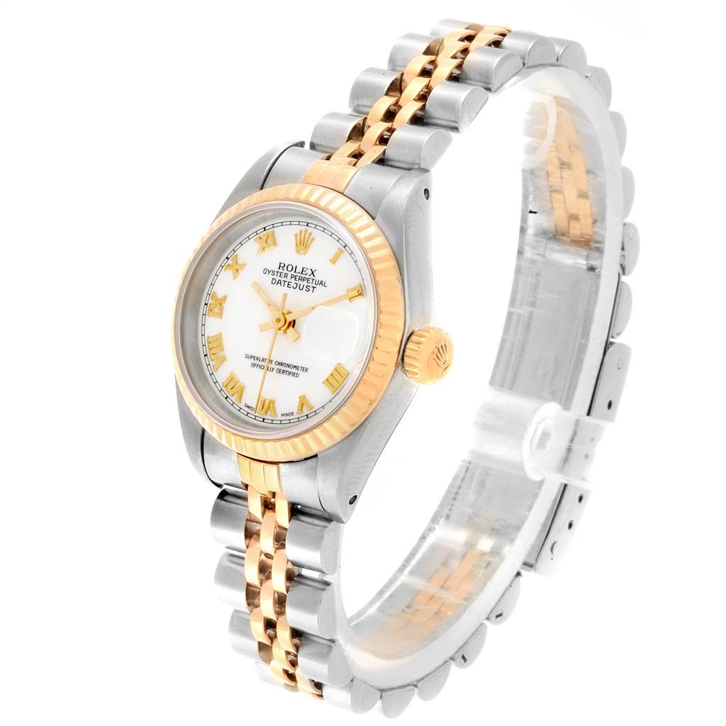 This image shows a Rolex Datejust 69173 Women's Stainless Steel White Dial 69173 Women's Stainless Steel White Dial watch at a three-quarter angle, highlighting the face, crown, bracelet, and bezel.