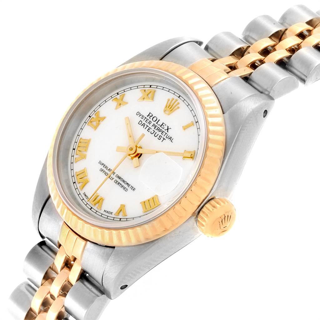 This image shows a Rolex Datejust 69173 Women's Stainless Steel White Dial 69173 Women's Stainless Steel White Dial watch at an angled view highlighting the bezel, dial, crown, and part of the bracelet.