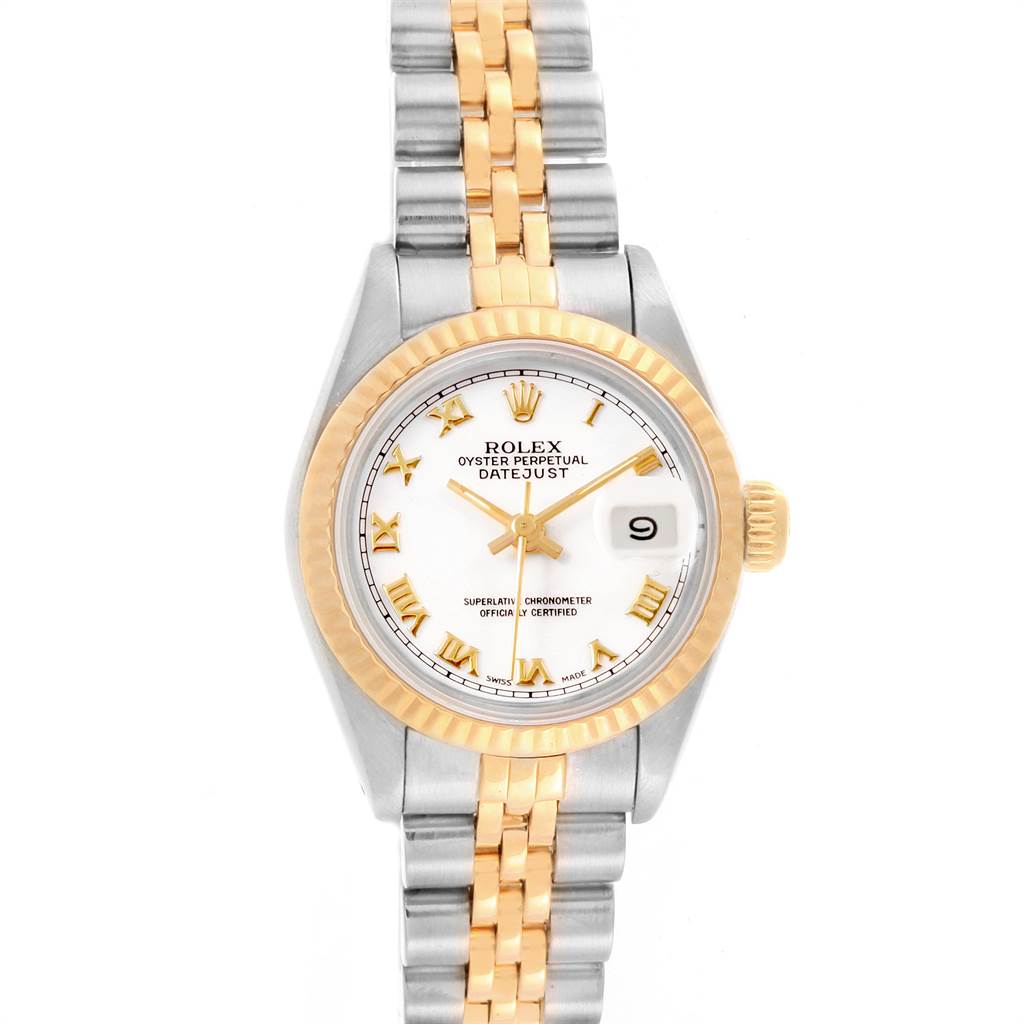 The image shows a Rolex Datejust 69173 Women's Stainless Steel White Dial 69173 Women's Stainless Steel White Dial watch from a top-down angle, highlighting its face, bezel, and bracelet.
