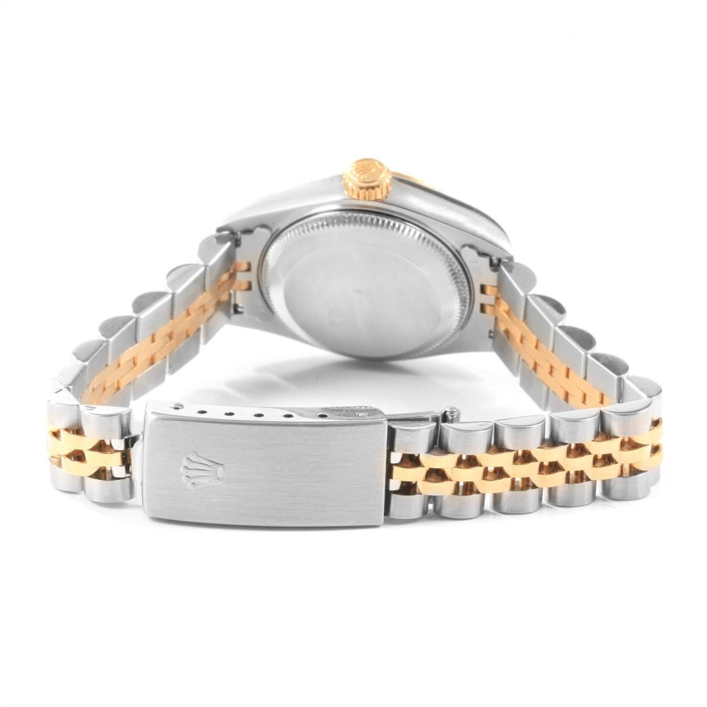 The image shows the back view of a Rolex Datejust 69173 Women's Stainless Steel White Dial 69173 Women's Stainless Steel White Dial watch, highlighting the closed clasp and two-tone Jubilee bracelet.