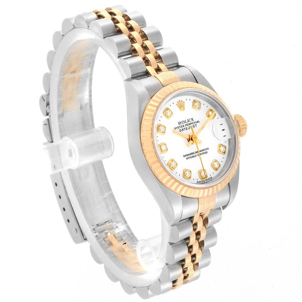 This image shows a side angle of a Rolex Datejust 69173 Women's Stainless Steel White Dial 69173 Women's Stainless Steel White Dial watch, featuring a two-tone bracelet, fluted bezel, and diamond hour markers.