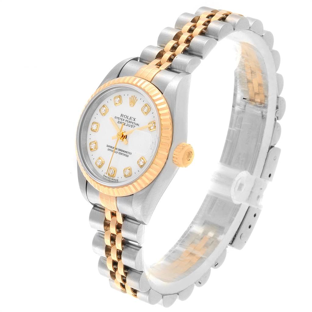 The image shows a Rolex Datejust 69173 Women's Stainless Steel White Dial 69173 Women's Stainless Steel White Dial watch at a three-quarter angle, highlighting its two-tone bracelet and diamond-studded face.