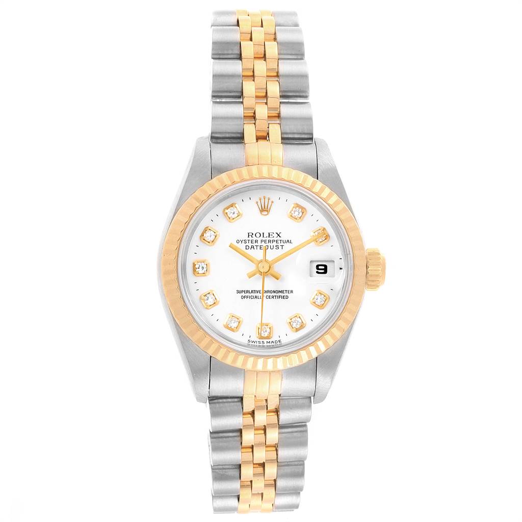 The Rolex Datejust 69173 Women's Stainless Steel White Dial 69173 Women's Stainless Steel White Dial watch is shown from a top-down angle, displaying the face, bezel, and bracelet.