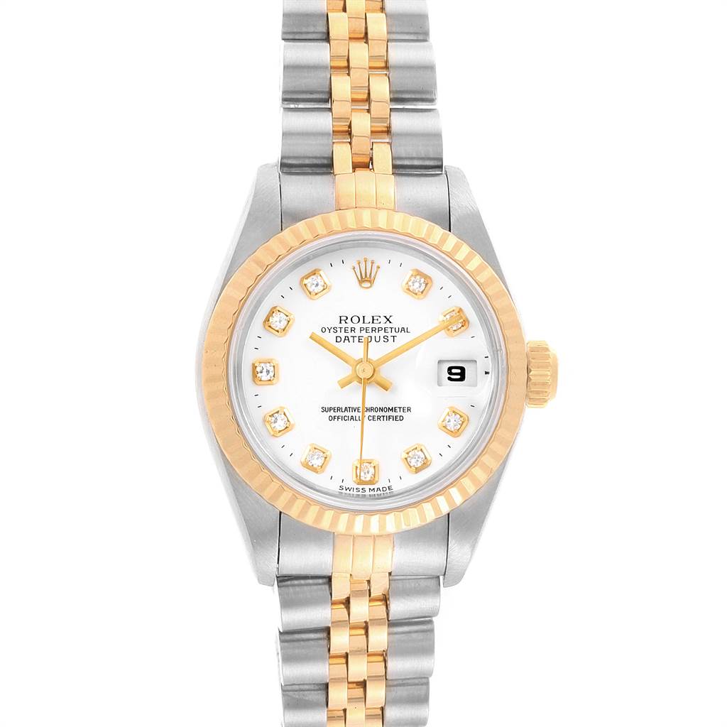 This image shows a front view of the Rolex Datejust 69173 Women's Stainless Steel White Dial 69173 Women's Stainless Steel White Dial watch showcasing the dial, bezel, and bracelet.