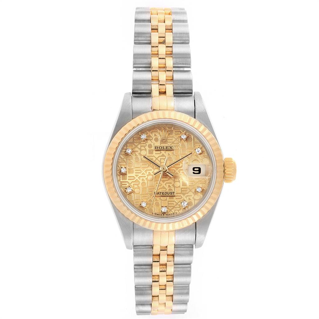 The image shows a front view of a Rolex Datejust 69173 Women's Stainless Steel Champagne Dial 69173 Women's Stainless Steel Champagne Dial watch, highlighting its two-tone bracelet, gold fluted bezel, and date display.