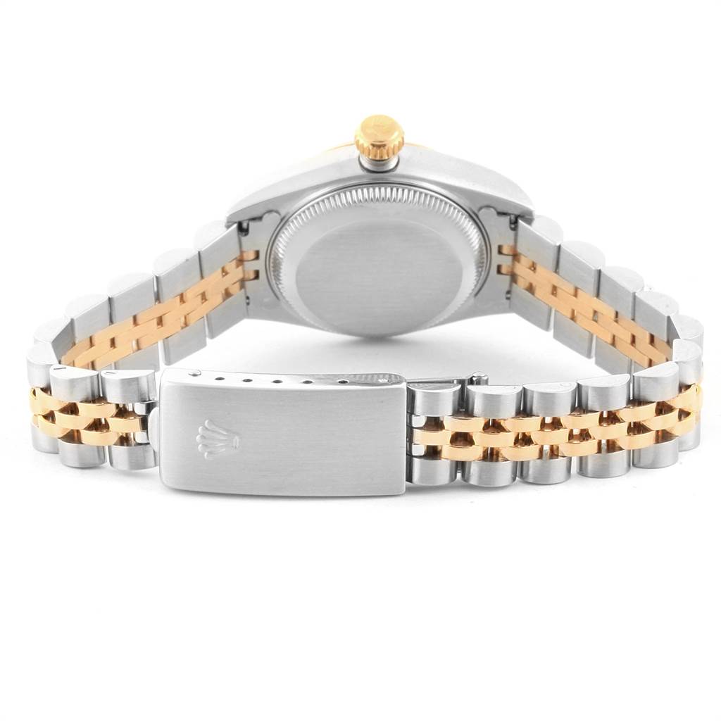 This image shows the back case, crown, and two-tone Jubilee bracelet of a Rolex Datejust 69173 Women's Stainless Steel Champagne Dial 69173 Women's Stainless Steel Champagne Dial watch from a rear angle.