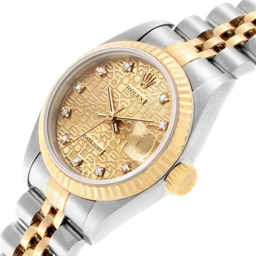 This Rolex Datejust 69173 Women's Stainless Steel Champagne Dial 69173 Women's Stainless Steel Champagne Dial watch is shown from an angle focusing on the dial, bezel, case, and part of the bracelet.