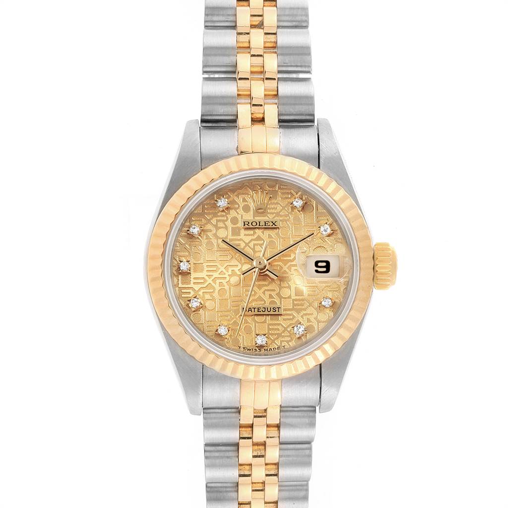 The image shows a front view of a Rolex Datejust 69173 Women's Stainless Steel Champagne Dial 69173 Women's Stainless Steel Champagne Dial watch, highlighting its gold dial, date window, and two-tone bracelet.