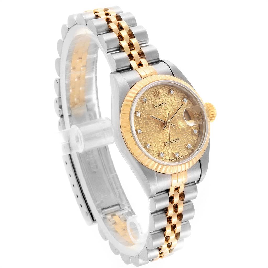 The Rolex Datejust 69173 Women's Stainless Steel Champagne Dial 69173 Women's Stainless Steel Champagne Dial watch is shown at an angled side view displaying the dial, fluted bezel, two-tone bracelet, and crown.