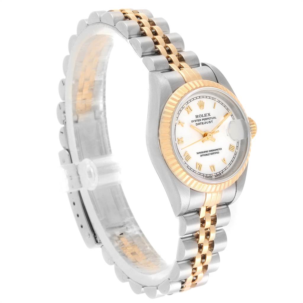 The image shows a Rolex Datejust 69173 Women's Stainless Steel White Dial 69173 Women's Stainless Steel White Dial watch at a three-quarter angle, highlighting the dial, bezel, and bracelet.