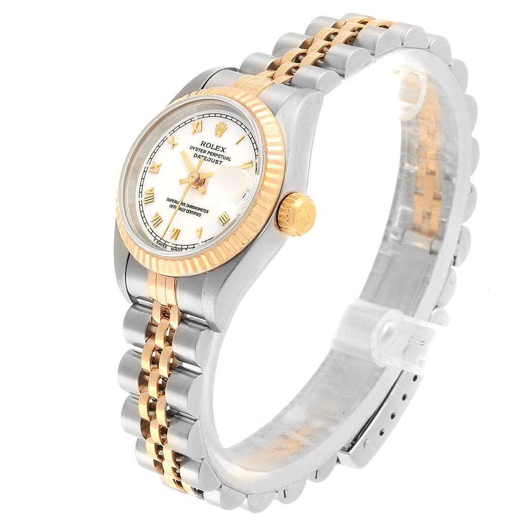 The image shows a Rolex Datejust 69173 Women's Stainless Steel White Dial 69173 Women's Stainless Steel White Dial watch viewed at a three-quarter angle, highlighting its gold and silver Jubilee bracelet, dial, and fluted bezel.